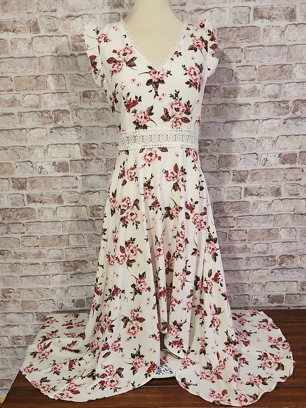 White High-Low Maxi Dress with Pink Rose Floral Print